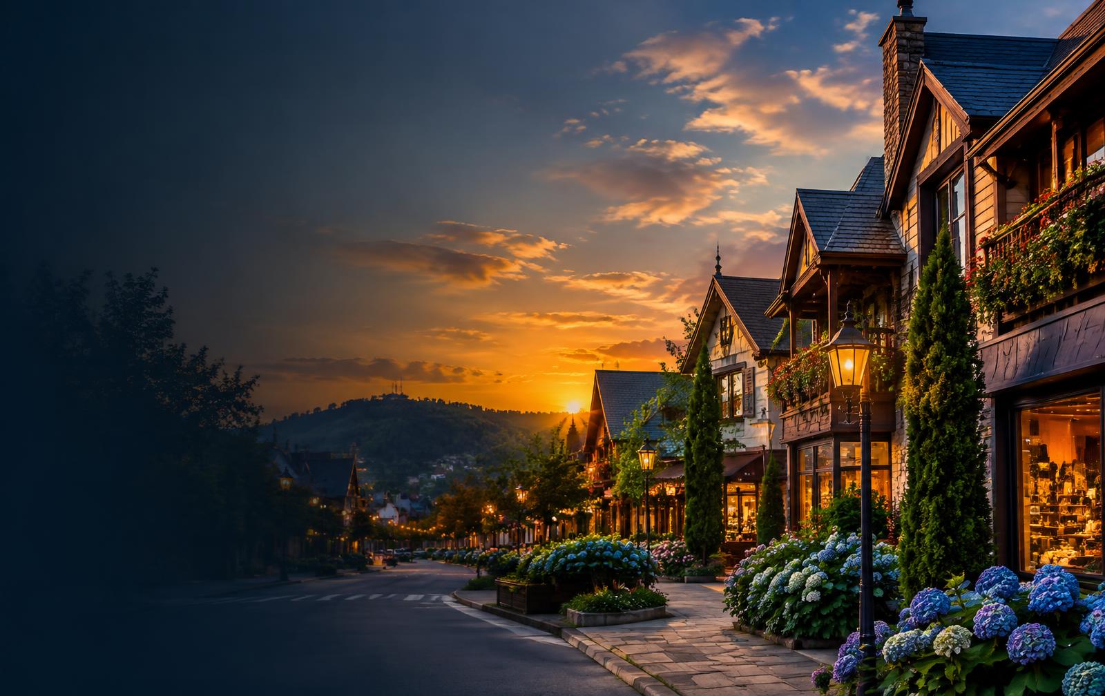 Arquitetura charmosa de Gramado ao pôr do sol